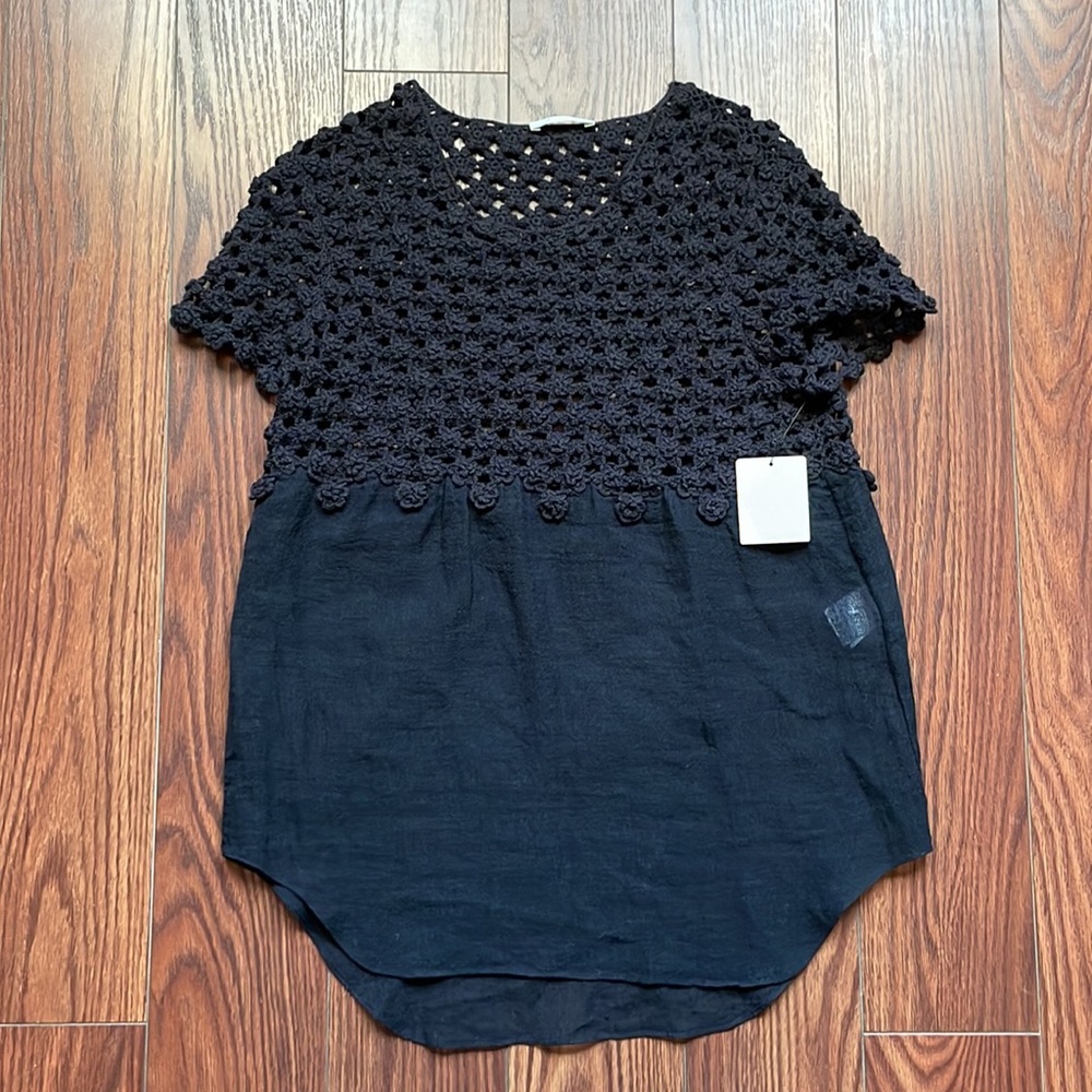 Authentic Chloé Navy Blue Crew Neck Short Sleeve Top sz Small Crochet Linen T032